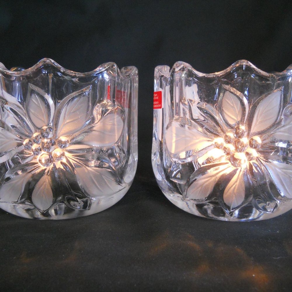 Mikasa Crystal Tealight Candleholders, 2, Festive Poinsettia, Holiday Decor